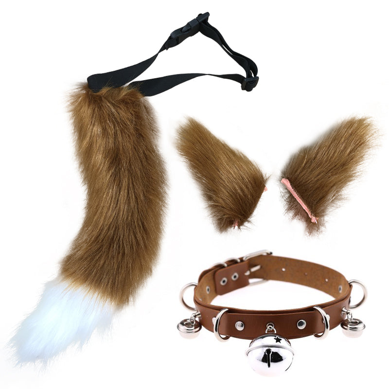 Faux Fur Cat Ears Hair Clip Furry Wolf Fox Tail Halloween Bell Leather Neck Chocker Cosplay Set