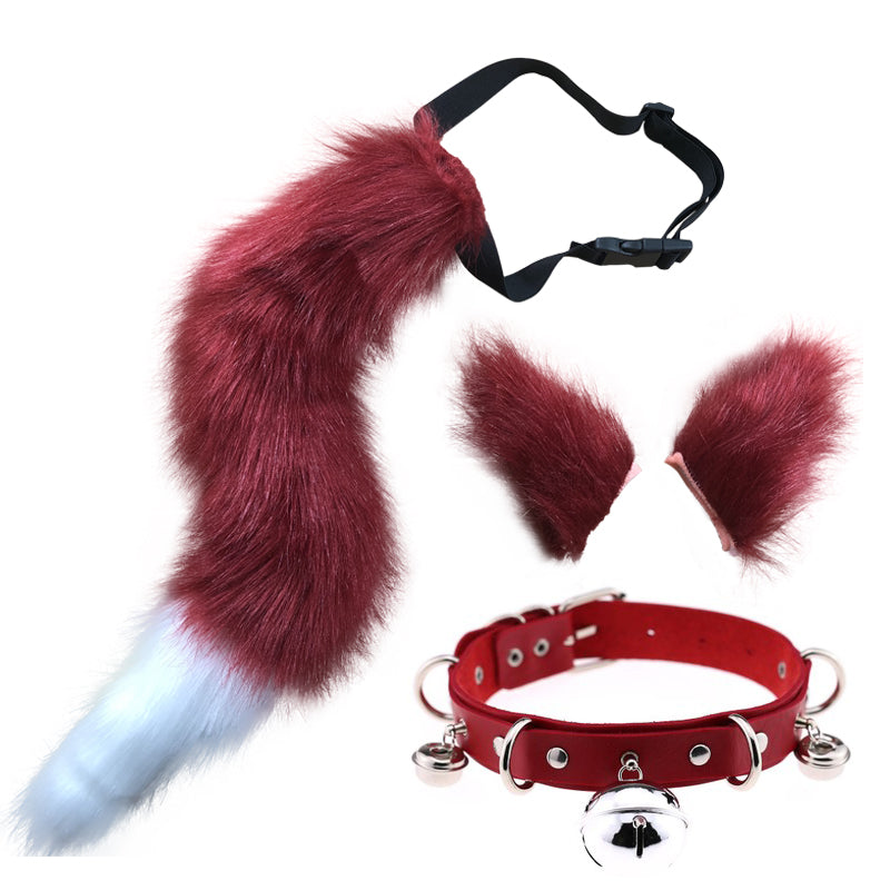 Faux Fur Cat Ears Hair Clip Furry Wolf Fox Tail Halloween Bell Leather Neck Chocker Cosplay Set