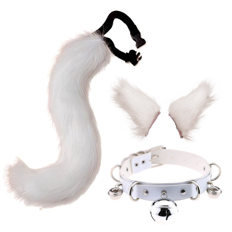 Faux Fur Cat Ears Hair Clip Furry Wolf Fox Tail Halloween Bell Leather Neck Chocker Cosplay Set