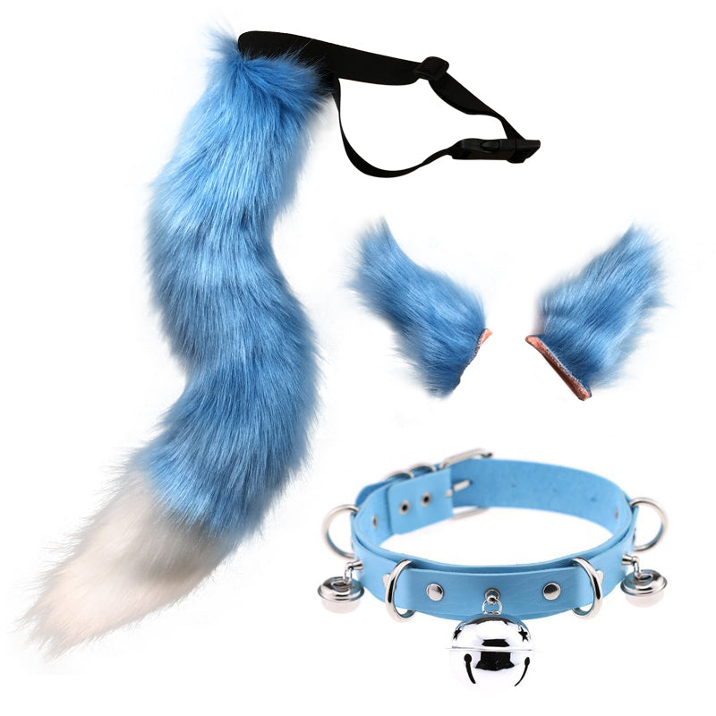 Faux Fur Cat Ears Hair Clip Furry Wolf Fox Tail Halloween Bell Leather Neck Chocker Cosplay Set