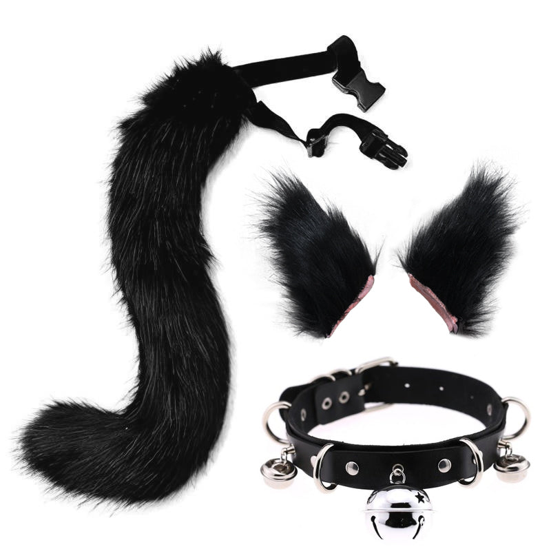 Faux Fur Cat Ears Hair Clip Furry Wolf Fox Tail Halloween Bell Leather Neck Chocker Cosplay Set